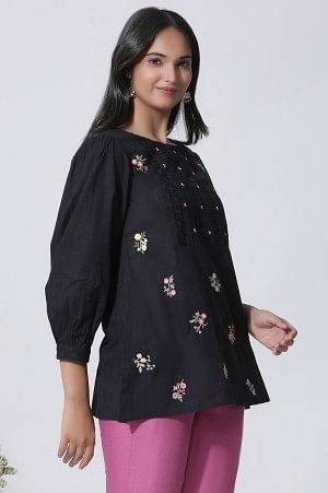 Black Embroidered Cotton Top With Schiffli Yoke