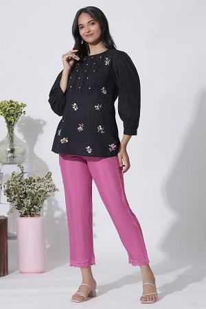 Black Embroidered Cotton Top With Schiffli Yoke