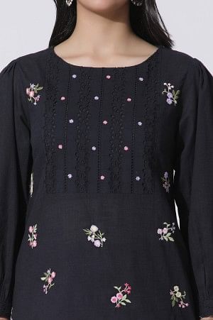 Black Embroidered Cotton Top With Schiffli Yoke