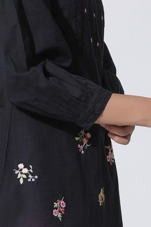 Black Embroidered Cotton Top With Schiffli Yoke