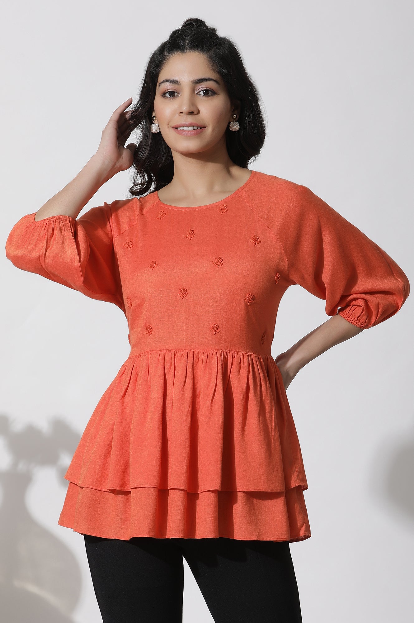 Orange Embroidered Peplum Top