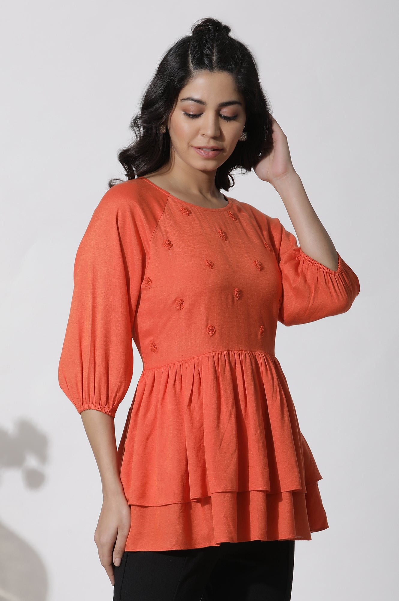 Orange Embroidered Peplum Top