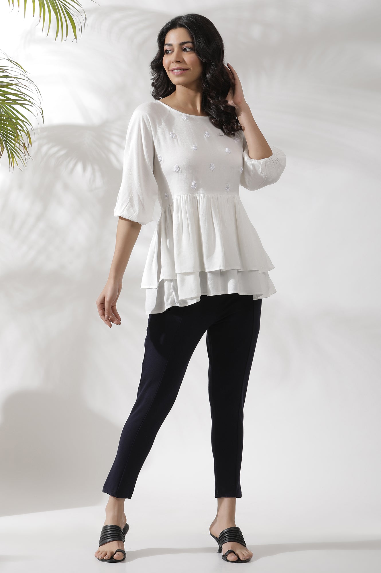 White Embroidered Peplum Top