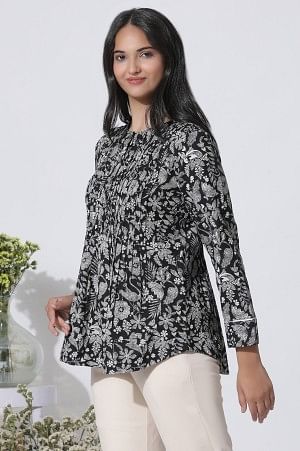 Black Floral Printed Top With Front Pleats
