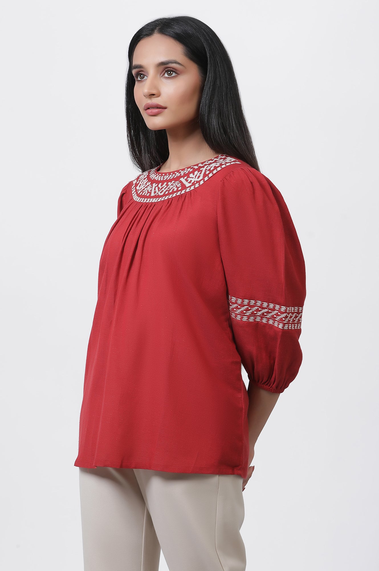 Brick Red Thread Embroidered Top