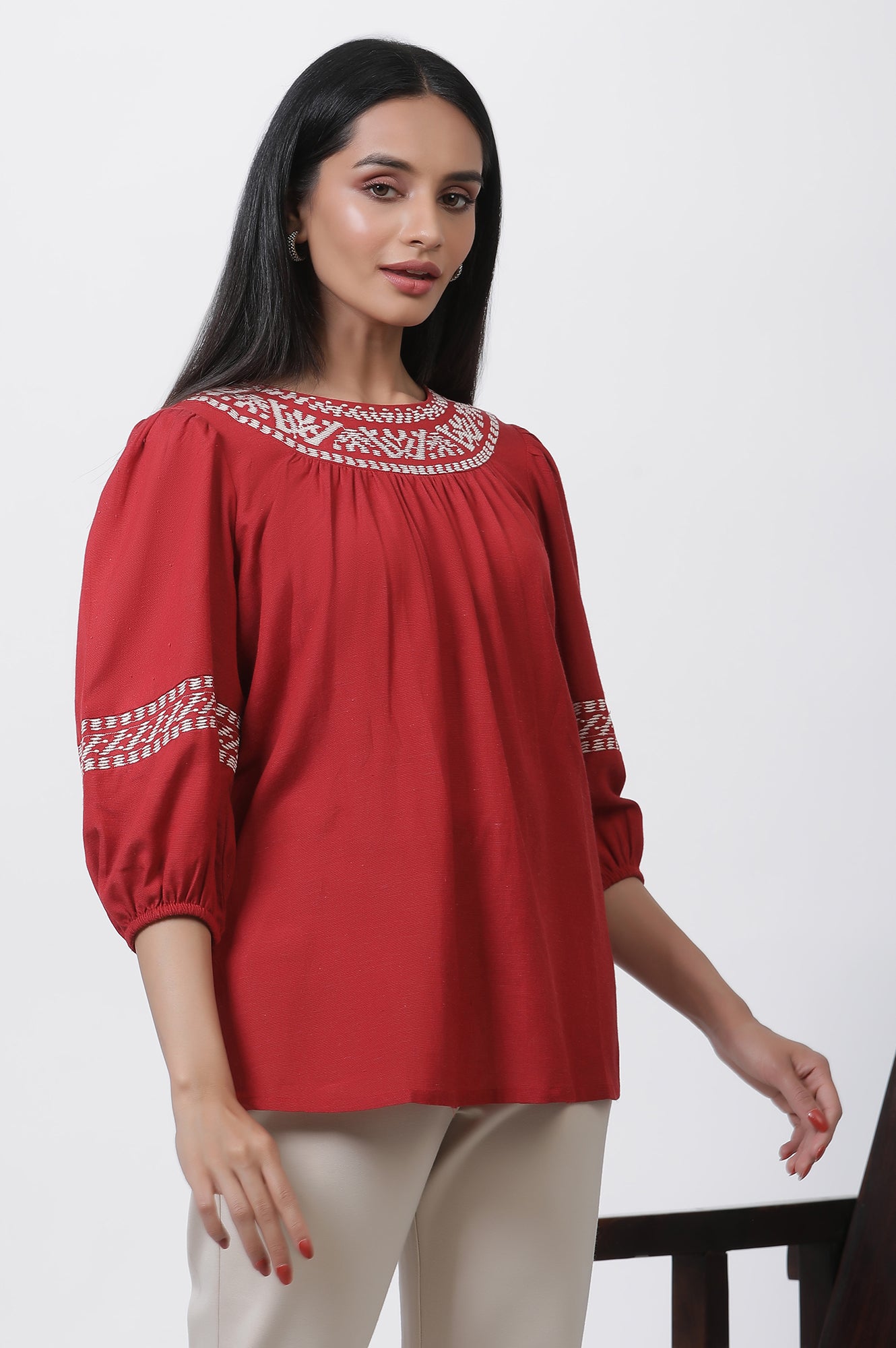 Brick Red Thread Embroidered Top