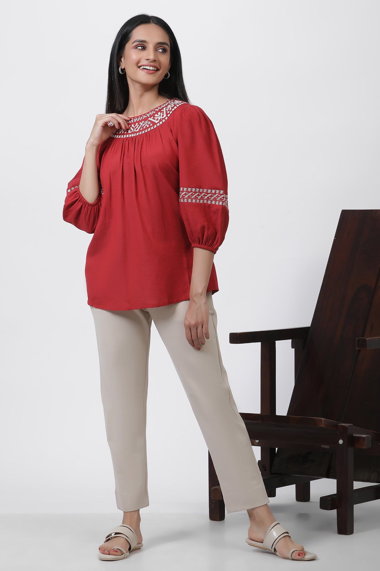 Brick Red Thread Embroidered Top