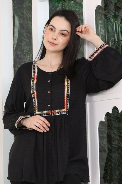 Raven Black Textured Thread Embroidered Yoke Top