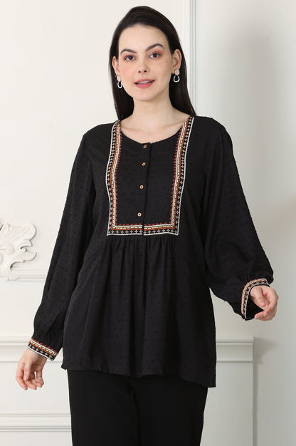 Raven Black Textured Thread Embroidered Yoke Top