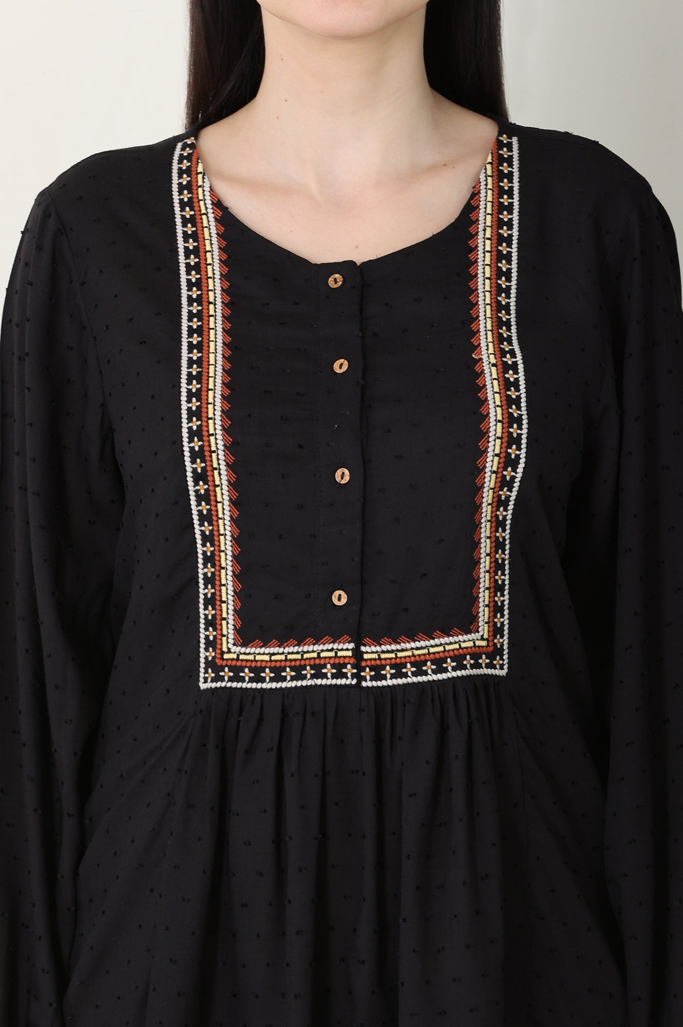 Raven Black Textured Thread Embroidered Yoke Top