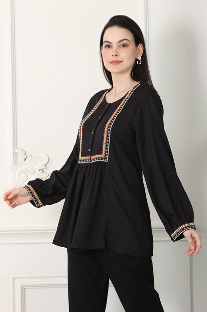 Raven Black Textured Thread Embroidered Yoke Top