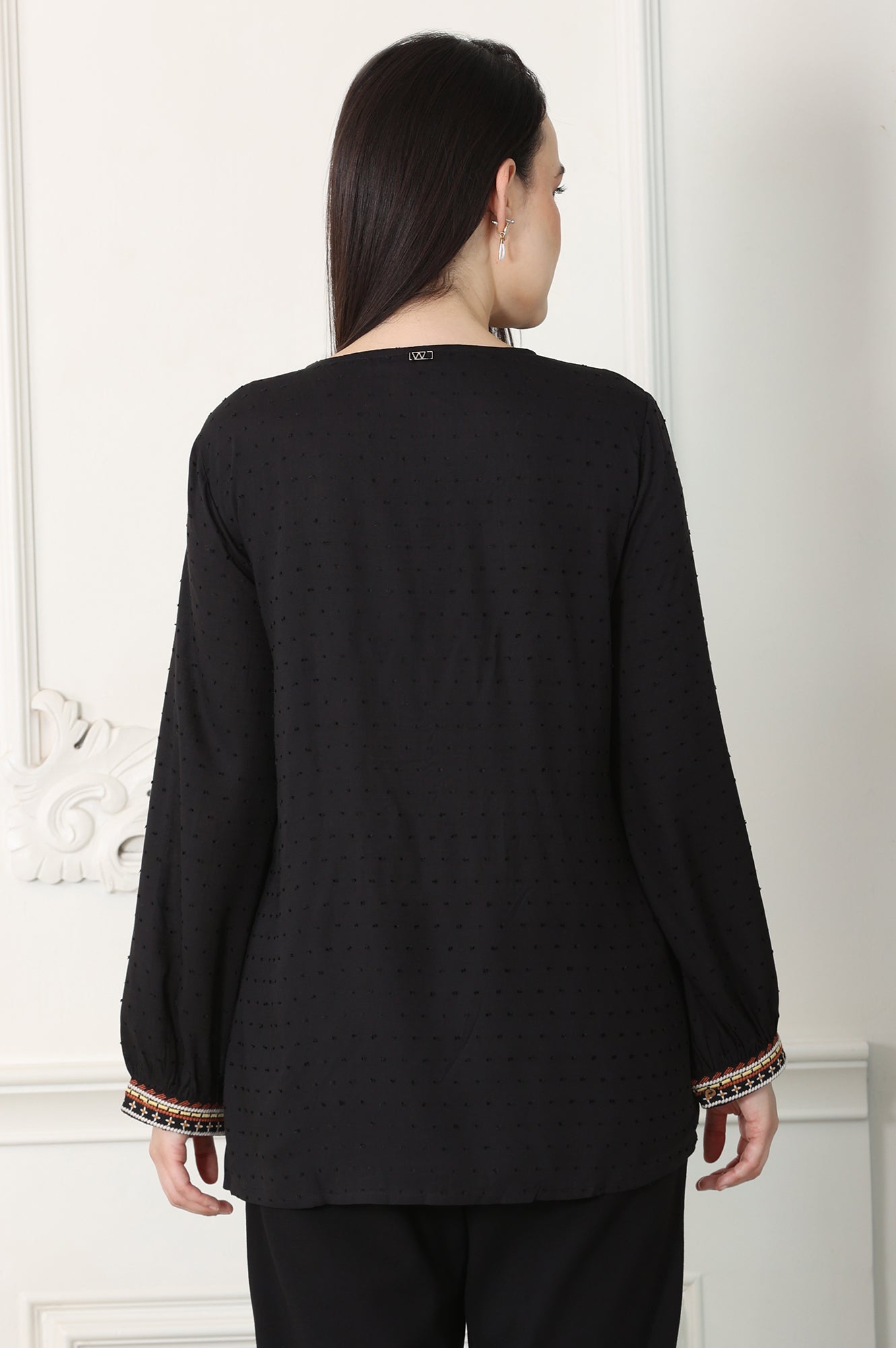 Raven Black Textured Thread Embroidered Yoke Top