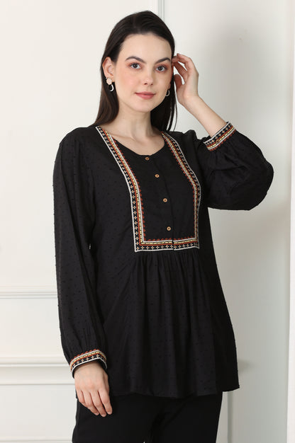 Raven Black Textured Thread Embroidered Yoke Top