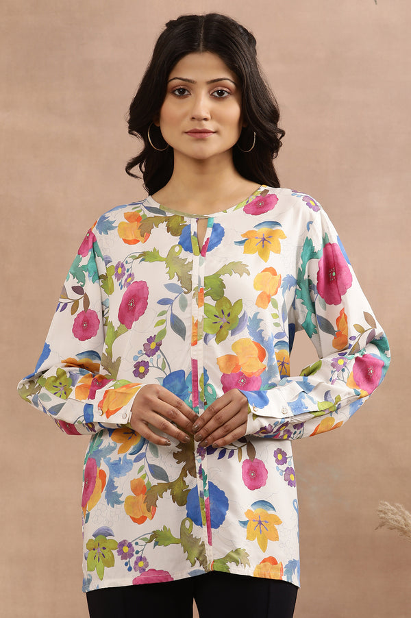 White Floral Printed Western Top