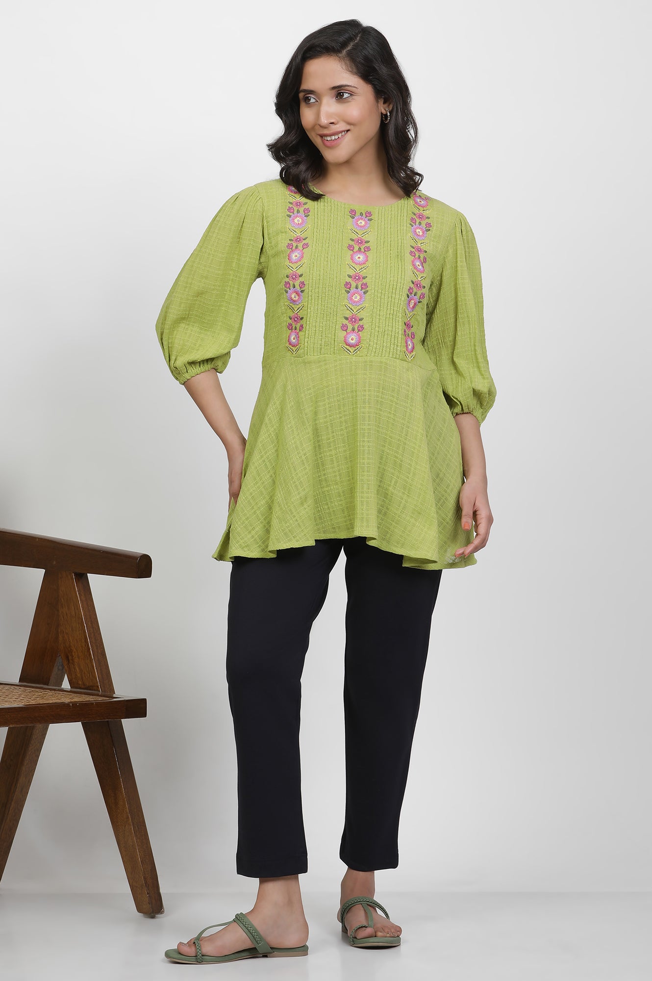 Green Thread Embroidered Peplum Top