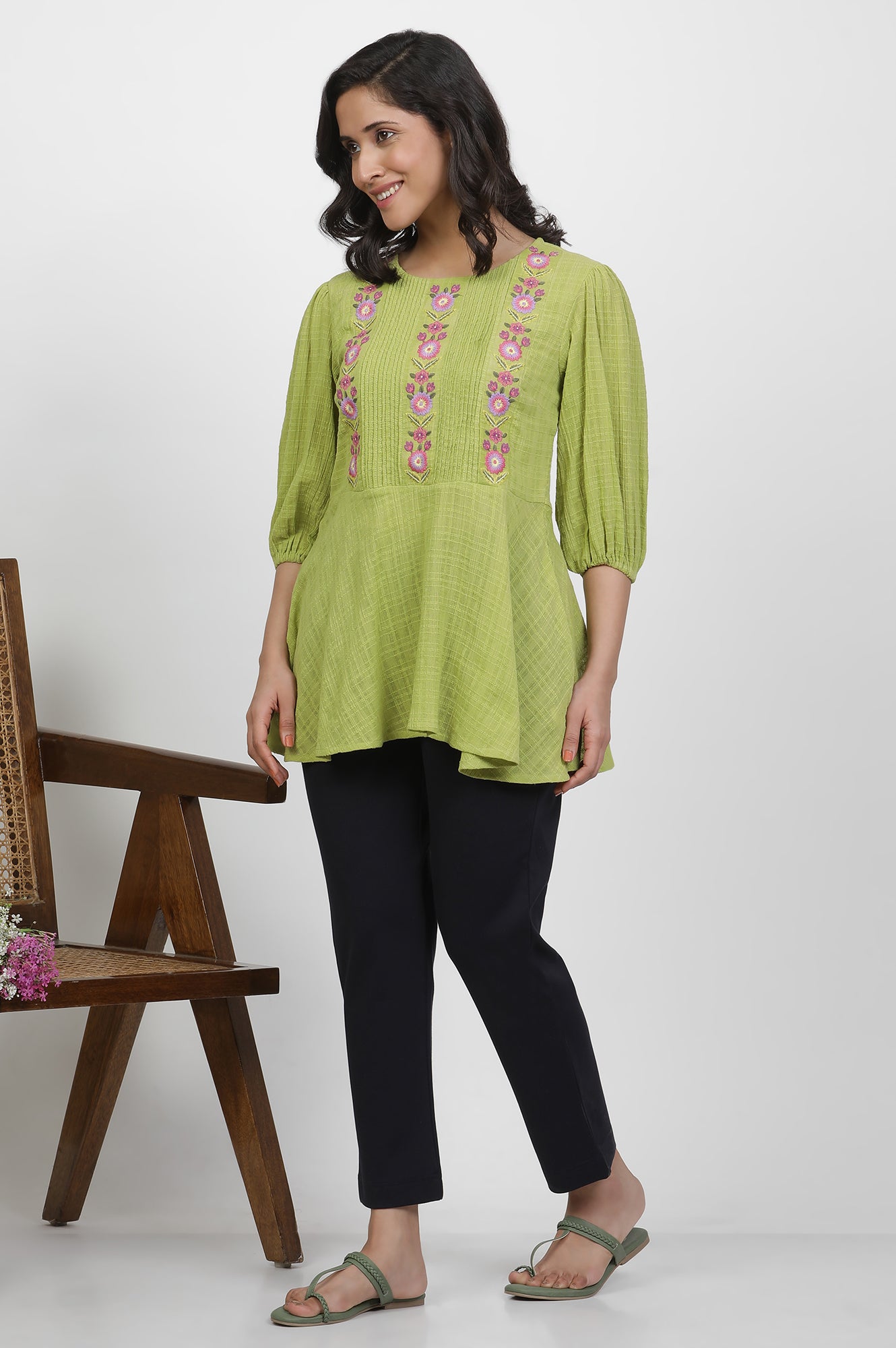 Green Thread Embroidered Peplum Top