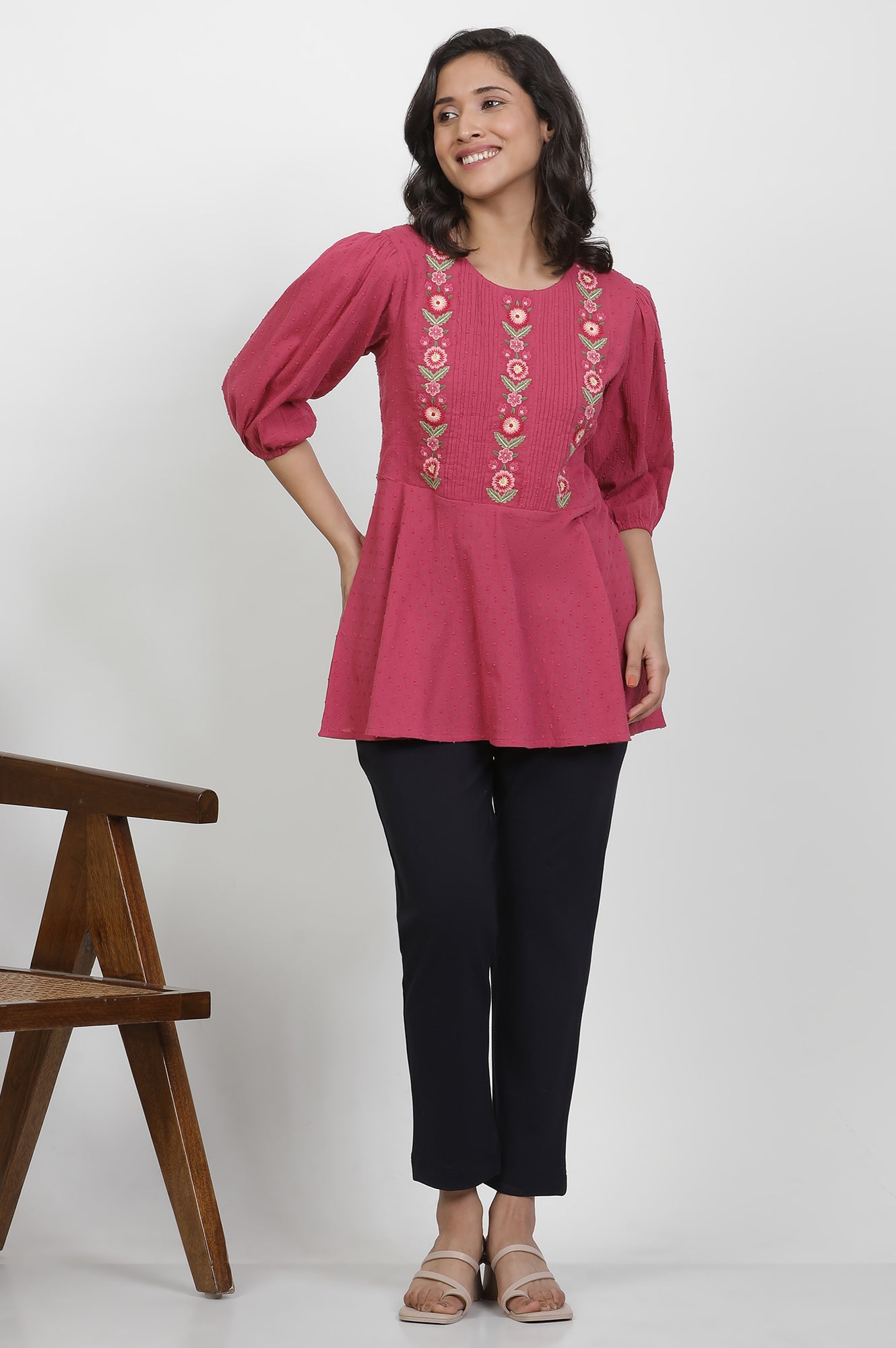 Pink Thread Embroidered Peplum Top