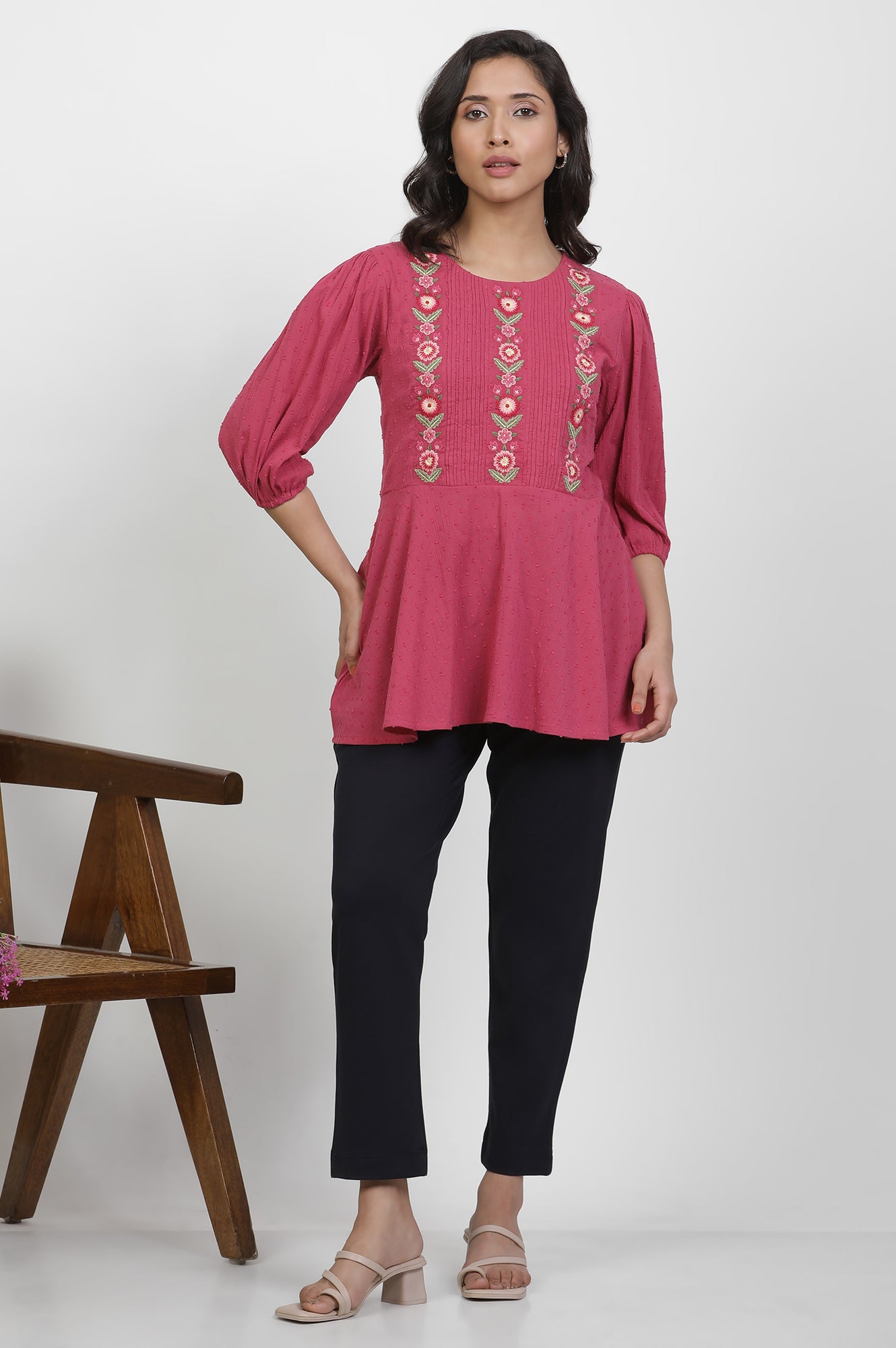 Pink Thread Embroidered Peplum Top