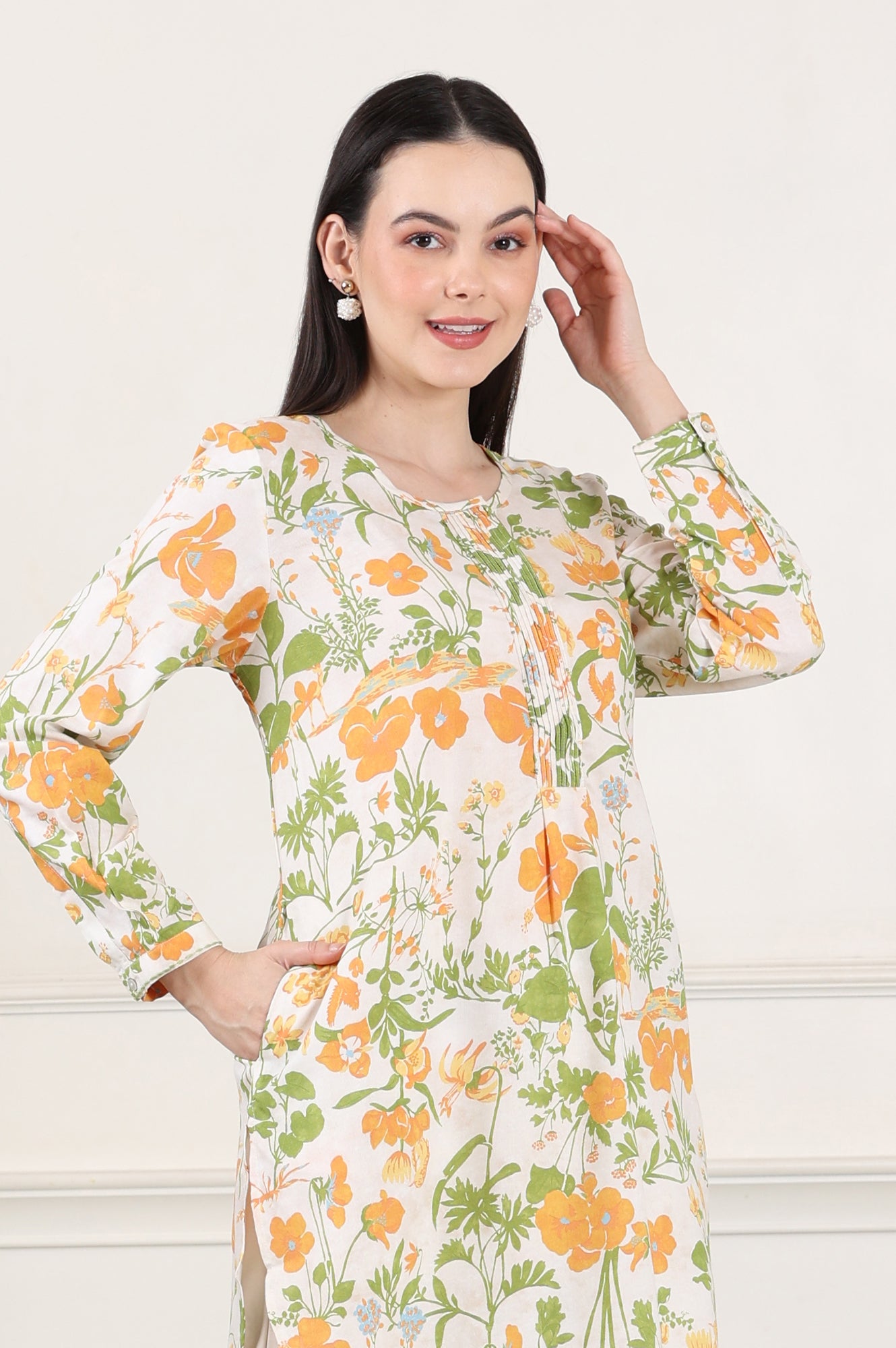 White Floral Printed Rayon Tunic With Pintuck Placket