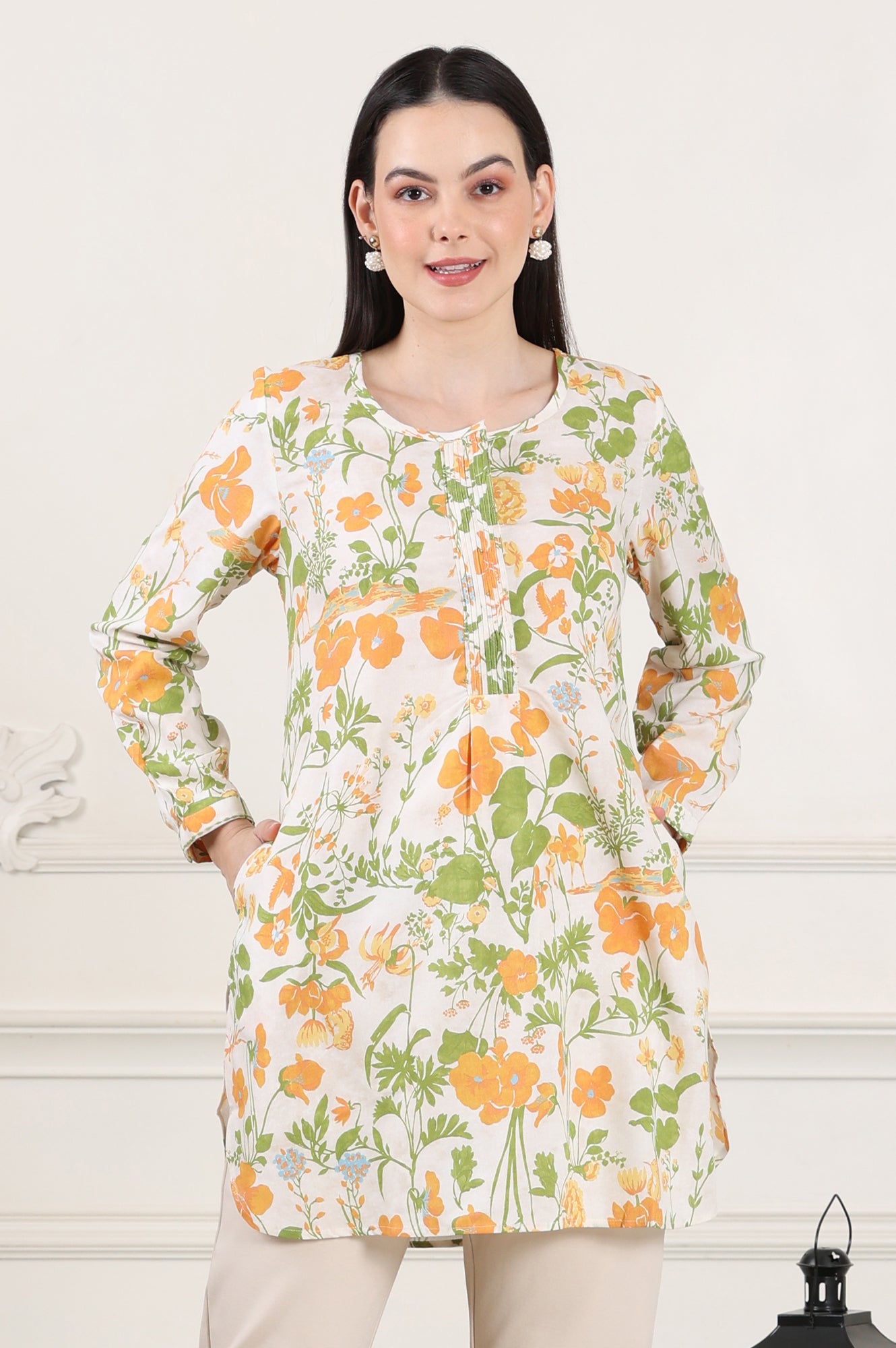 White Floral Printed Rayon Tunic With Pintuck Placket