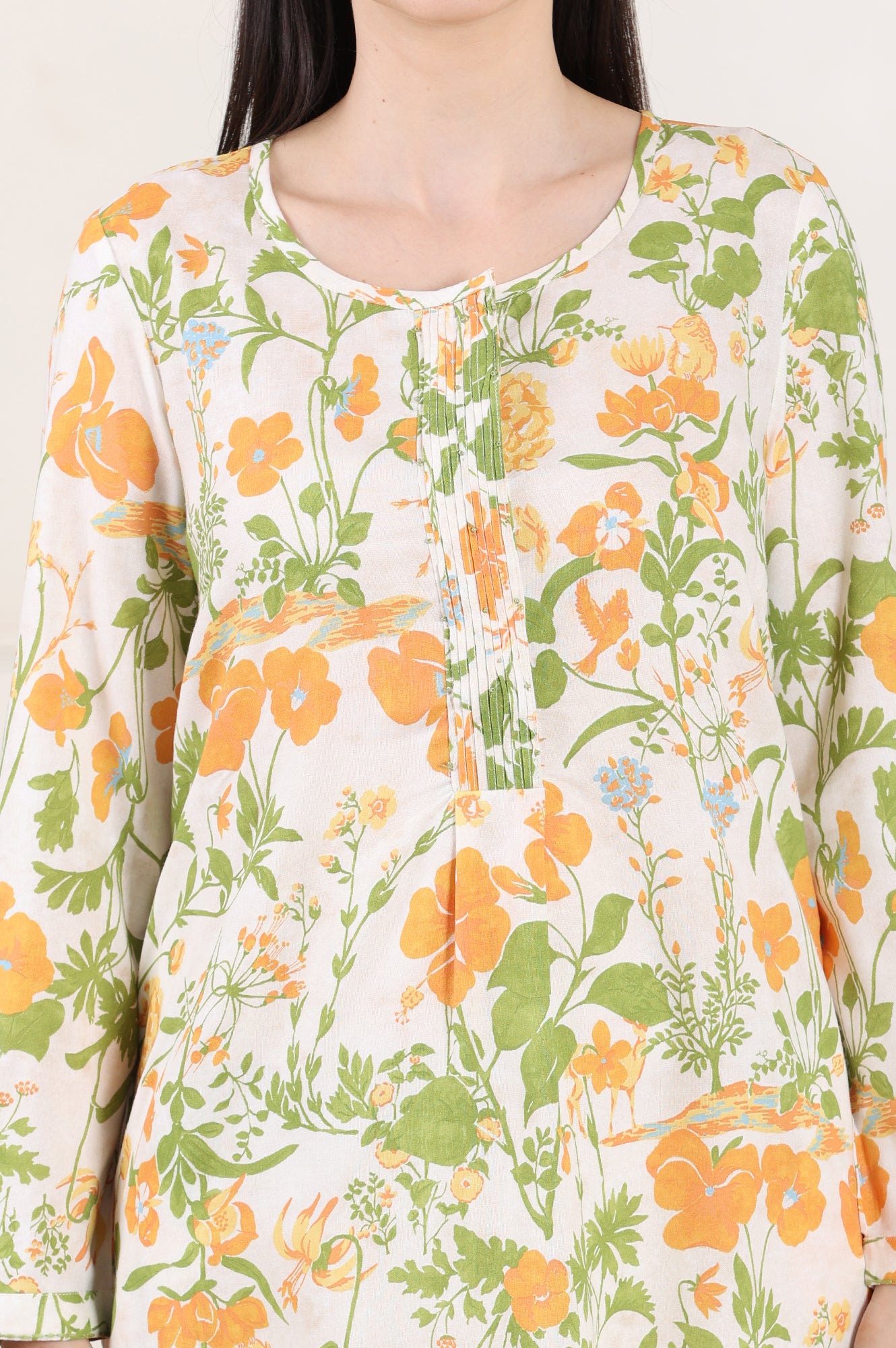 White Floral Printed Rayon Tunic With Pintuck Placket