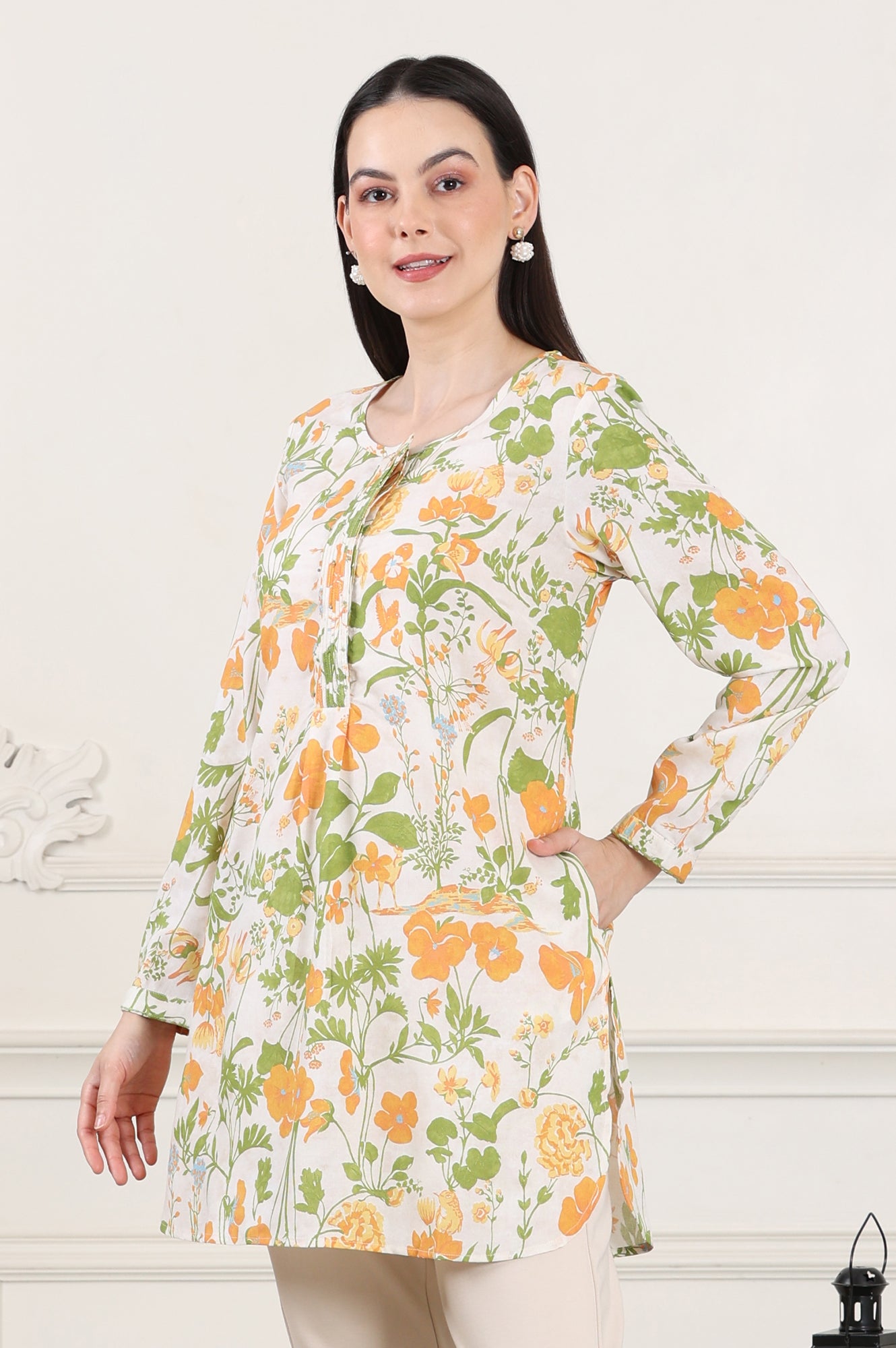 White Floral Printed Rayon Tunic With Pintuck Placket