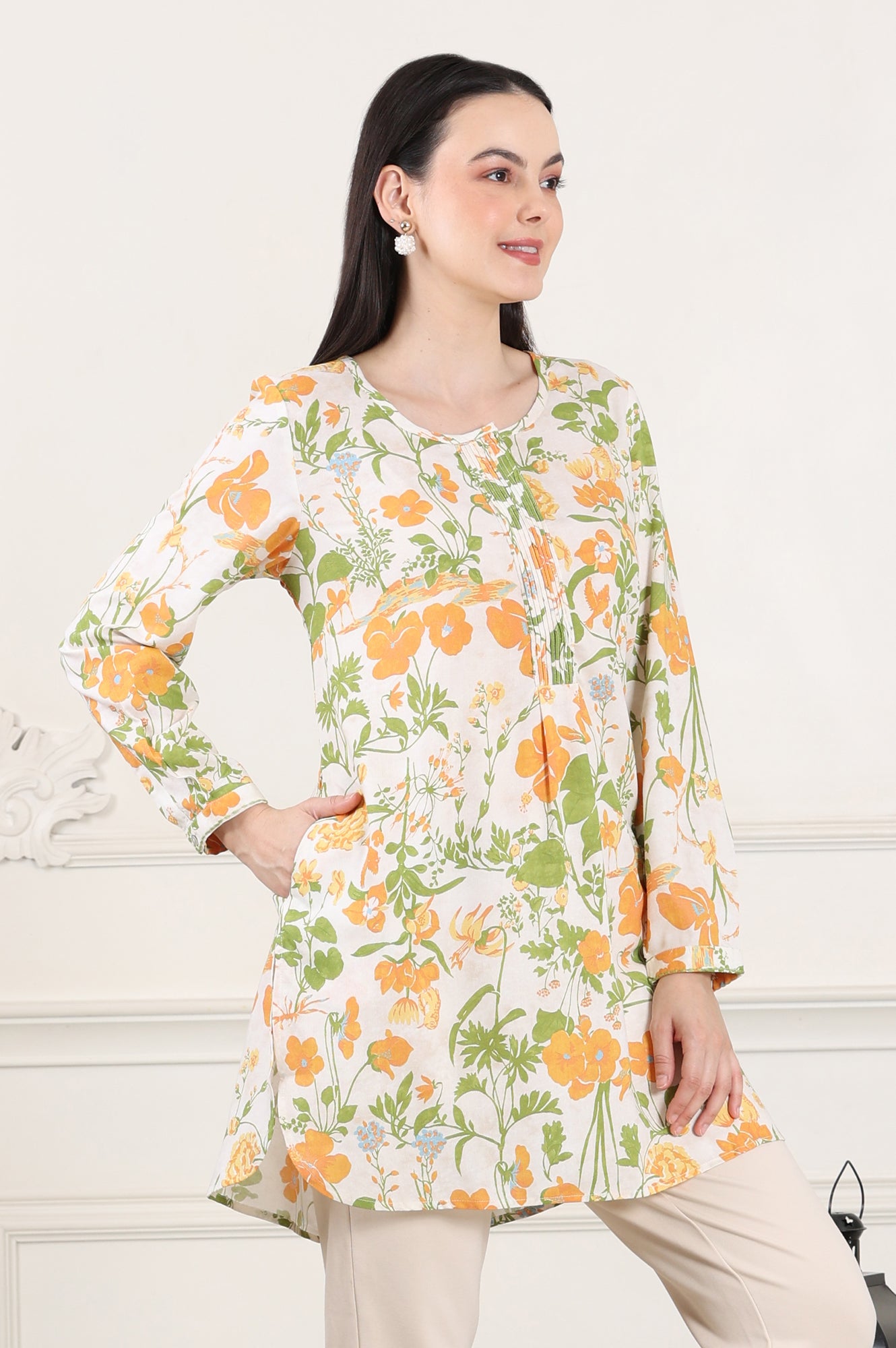 White Floral Printed Rayon Tunic With Pintuck Placket