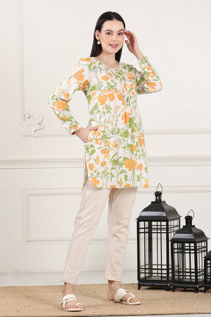 White Floral Printed Rayon Tunic With Pintuck Placket