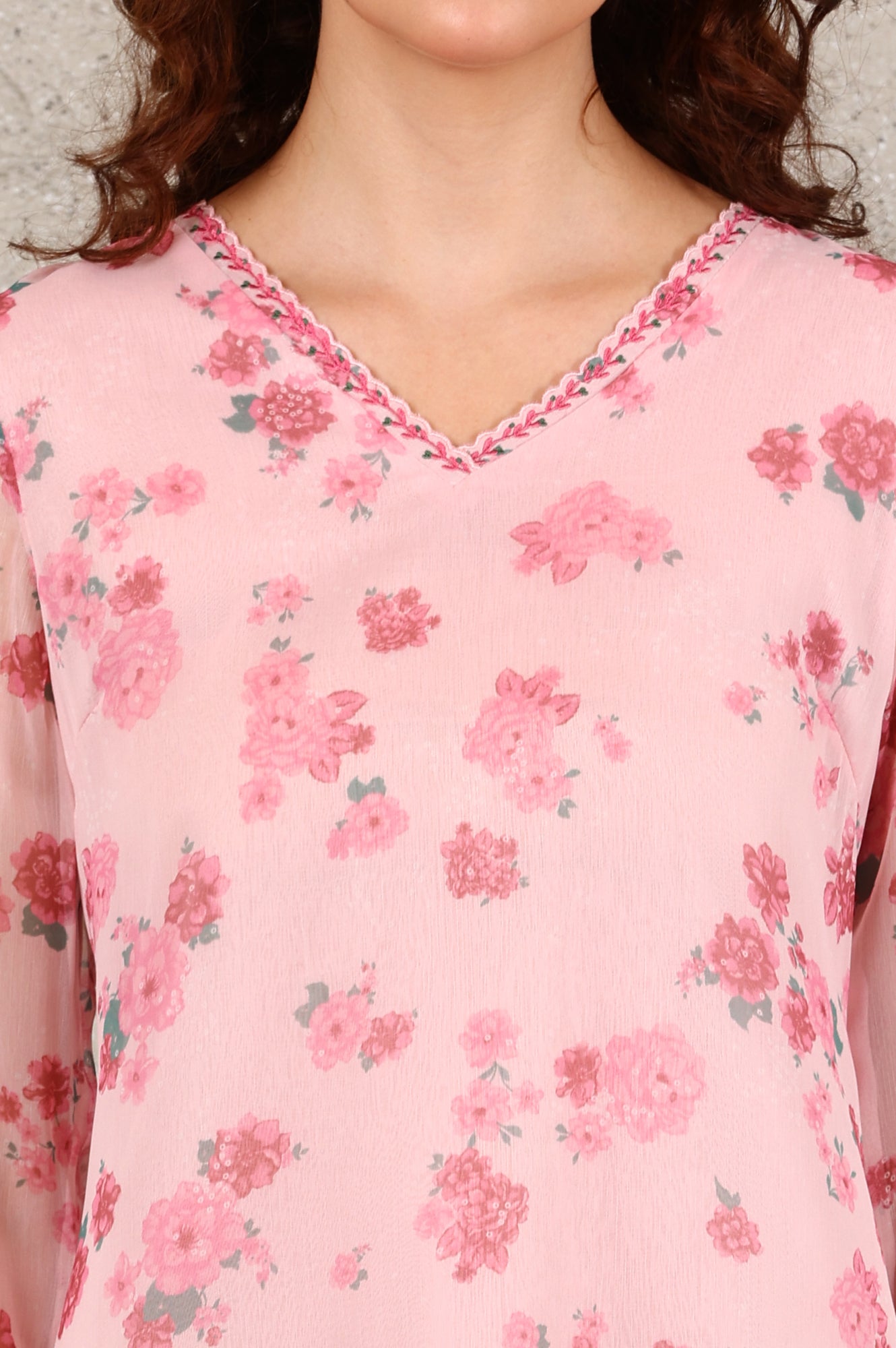 Pink Floral Printed Chiffon Top With Embroidered Neck