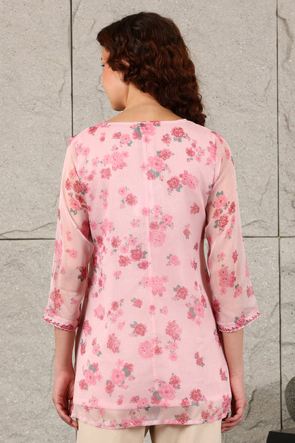 Pink Floral Printed Chiffon Top With Embroidered Neck