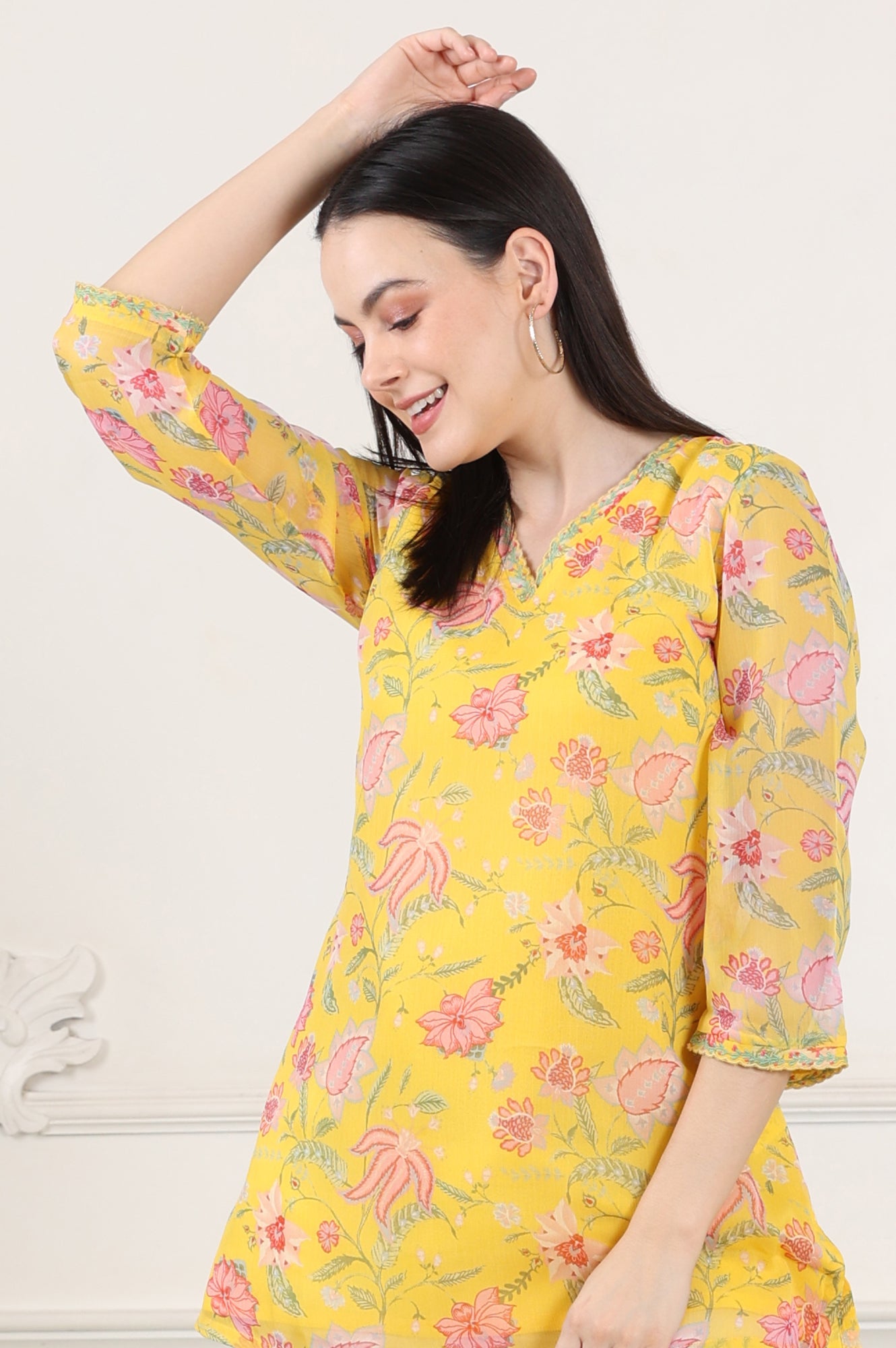 Yellow Floral Printed Chiffon Tunic With Embroidered Neckline