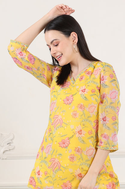 Yellow Floral Printed Chiffon Tunic With Embroidered Neckline