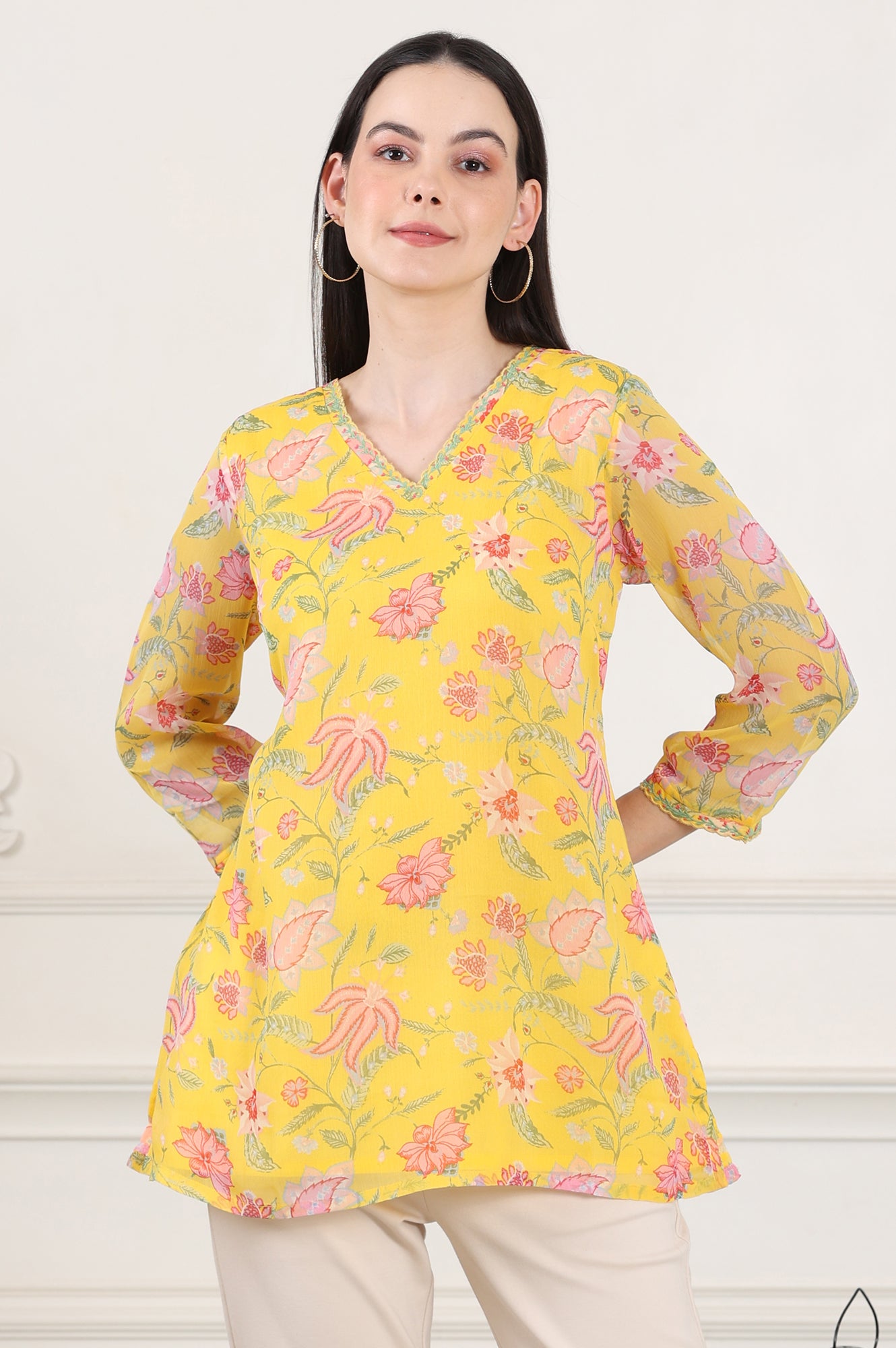 Yellow Floral Printed Chiffon Tunic With Embroidered Neckline