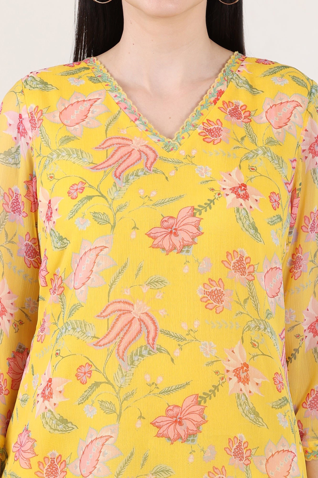 Yellow Floral Printed Chiffon Tunic With Embroidered Neckline