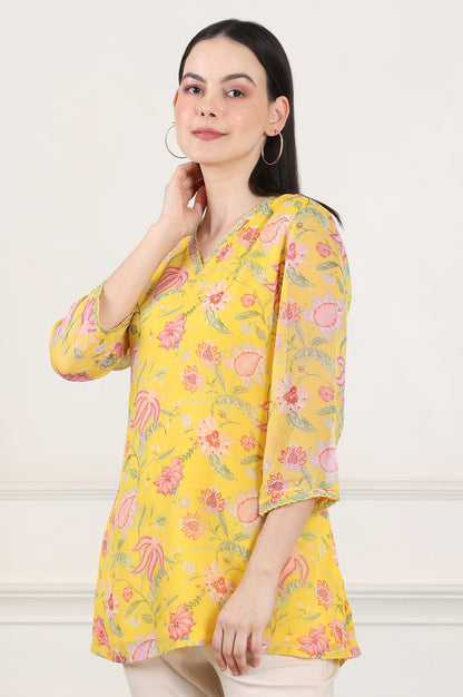 Yellow Floral Printed Chiffon Tunic With Embroidered Neckline