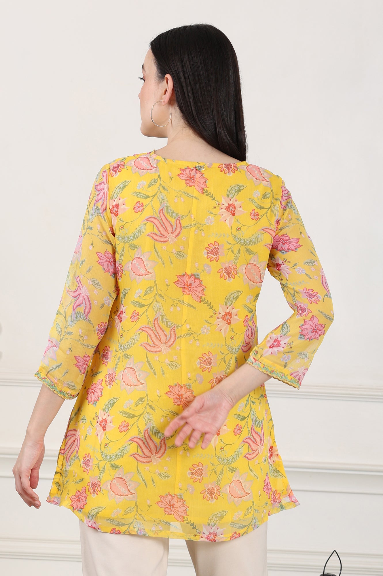 Yellow Floral Printed Chiffon Tunic With Embroidered Neckline