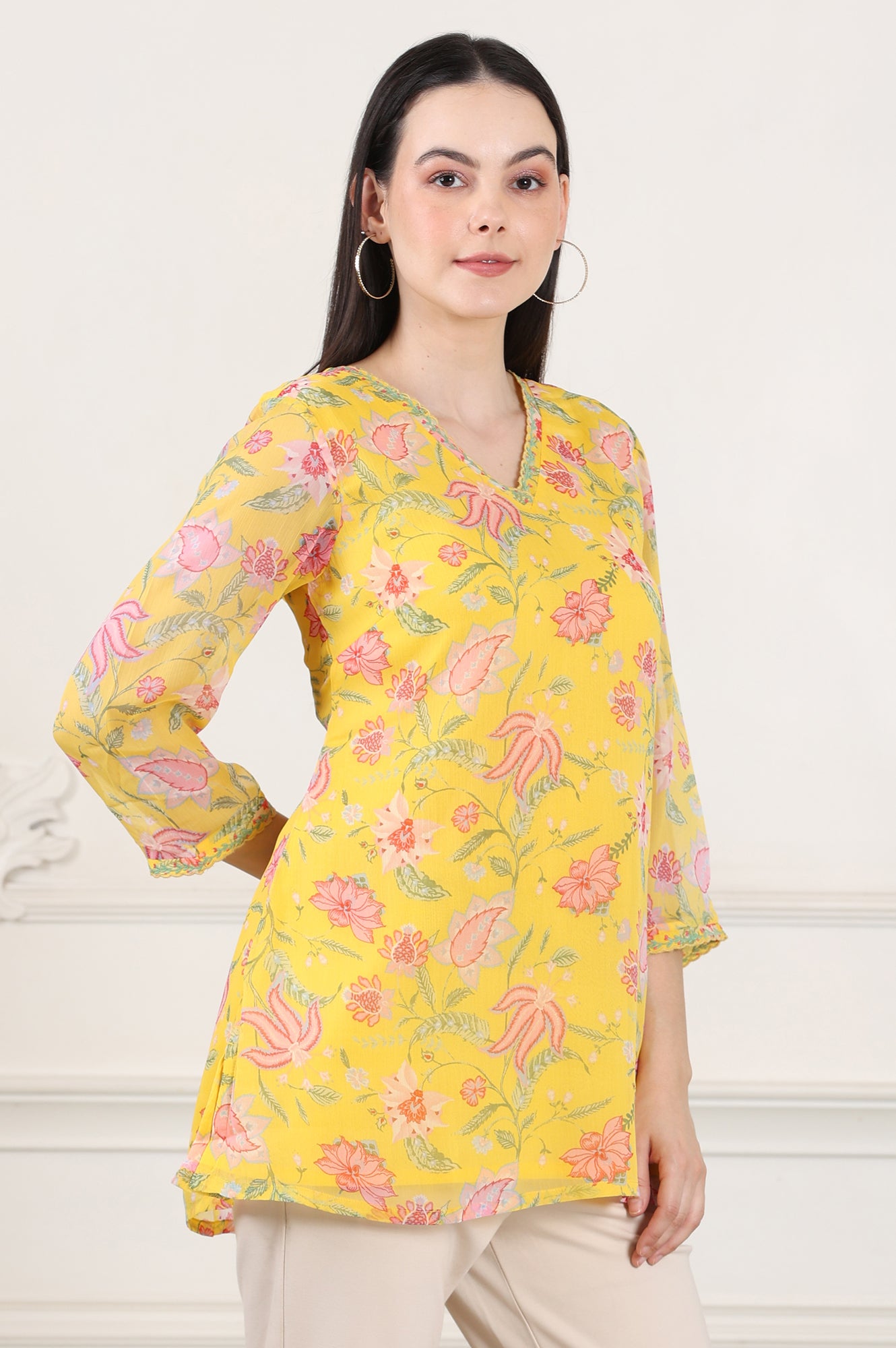 Yellow Floral Printed Chiffon Tunic With Embroidered Neckline