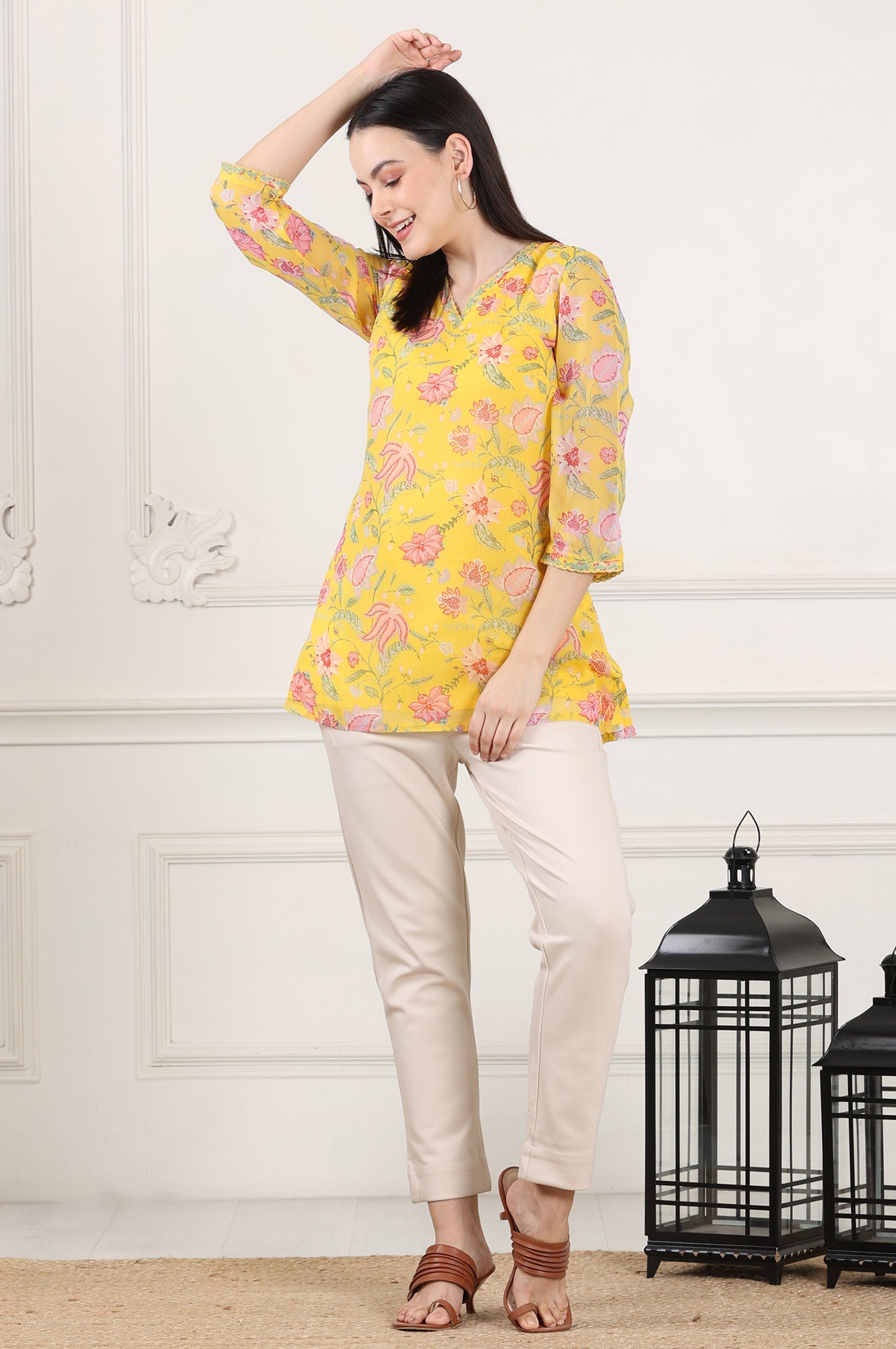 Yellow Floral Printed Chiffon Tunic With Embroidered Neckline