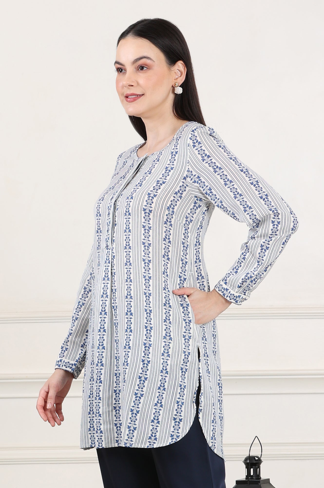 White Floral Printed Rayon Flax Tunic With Front Pleats