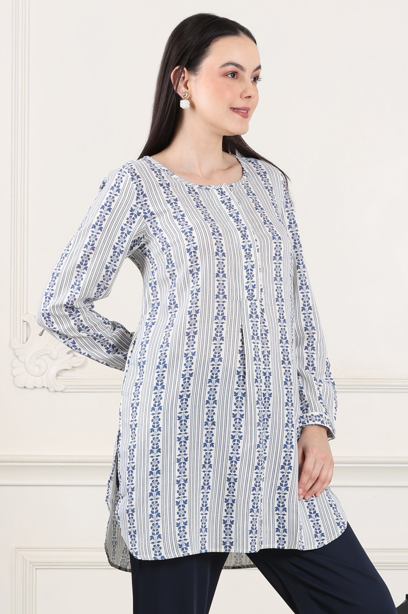 White Floral Printed Rayon Flax Tunic With Front Pleats