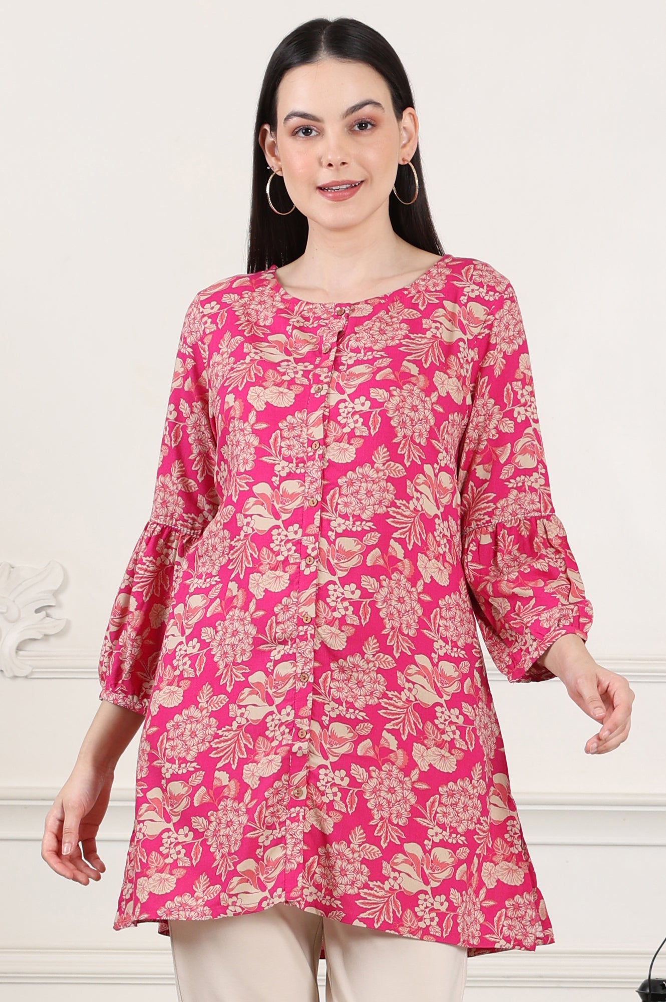 Pink Floral Printed Rayon Button Down Tunic