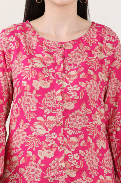 Pink Floral Printed Rayon Button Down Tunic