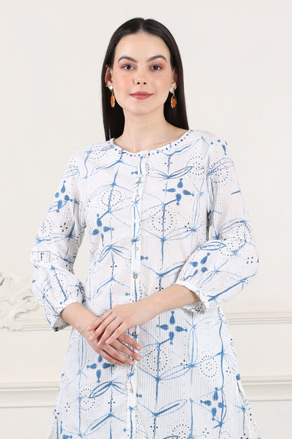 White And Blue Printed Pure Cotton Button Down Tunic With Puffed Sleeves