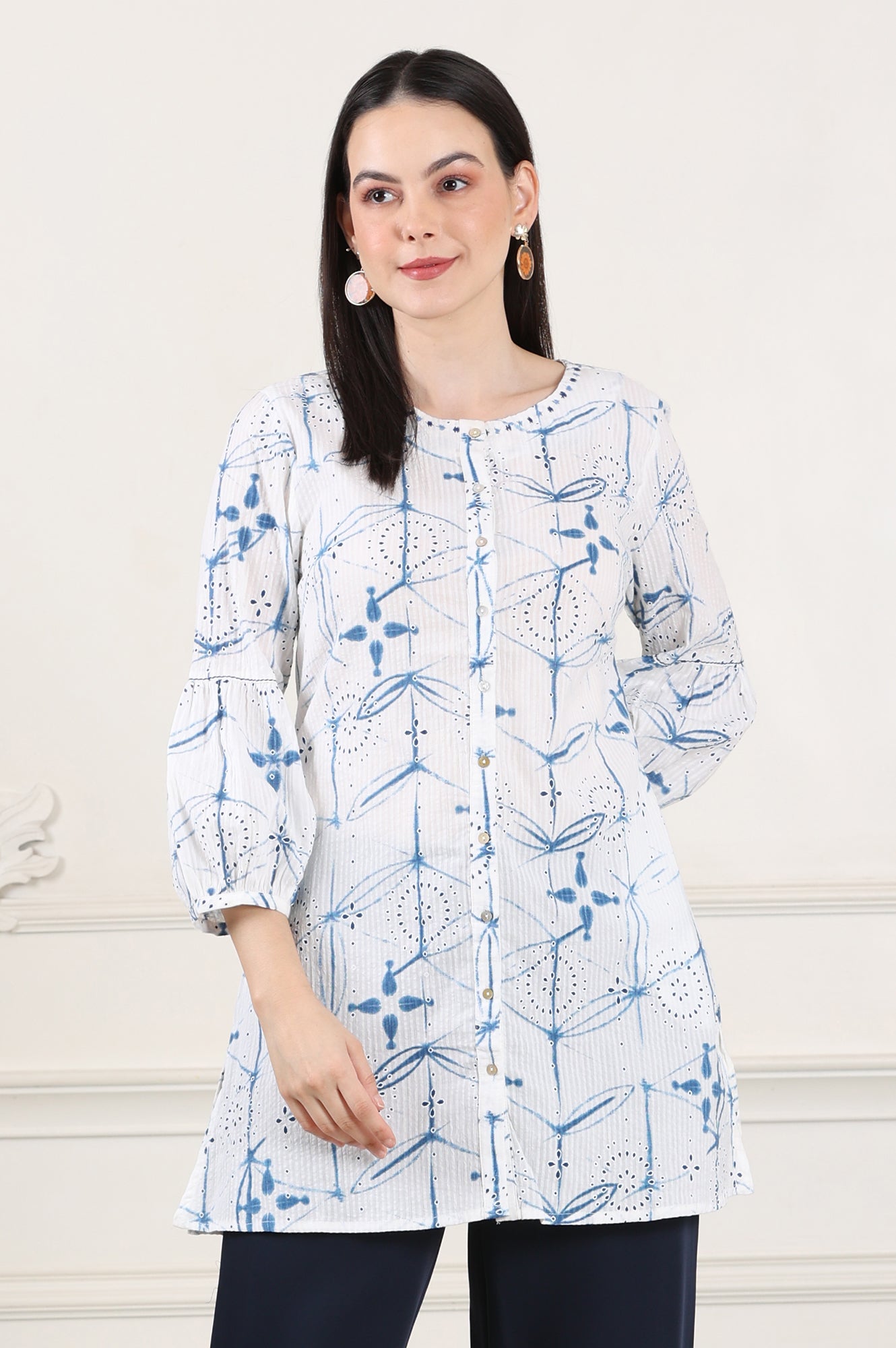 White And Blue Printed Pure Cotton Button Down Tunic With Puffed Sleeves