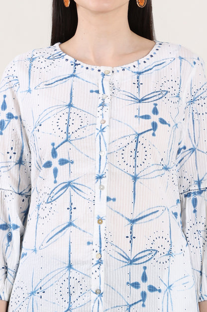 White And Blue Printed Pure Cotton Button Down Tunic With Puffed Sleeves