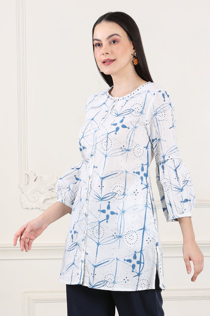 White And Blue Printed Pure Cotton Button Down Tunic With Puffed Sleeves