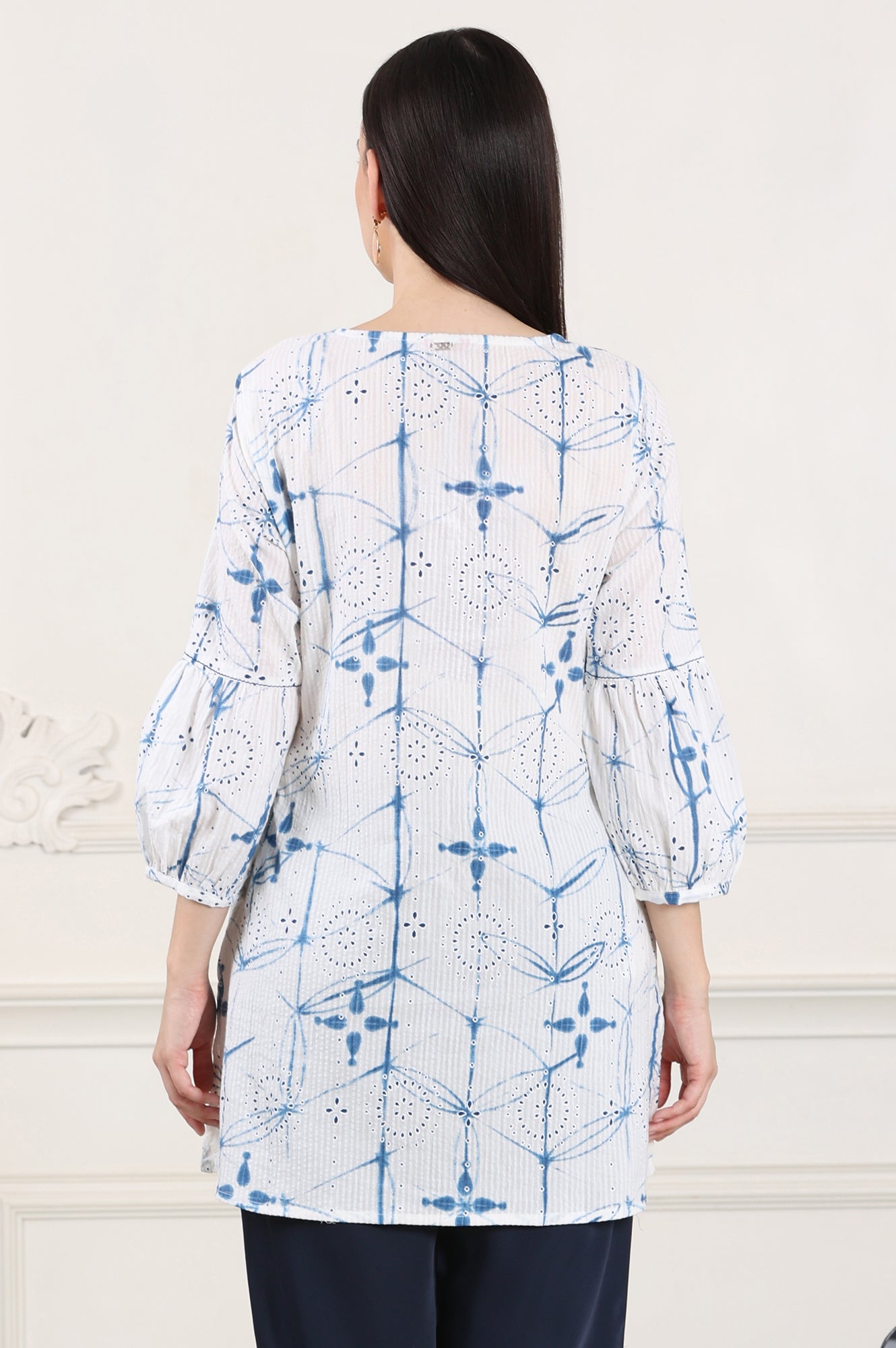 White And Blue Printed Pure Cotton Button Down Tunic With Puffed Sleeves