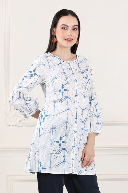 White And Blue Printed Pure Cotton Button Down Tunic With Puffed Sleeves