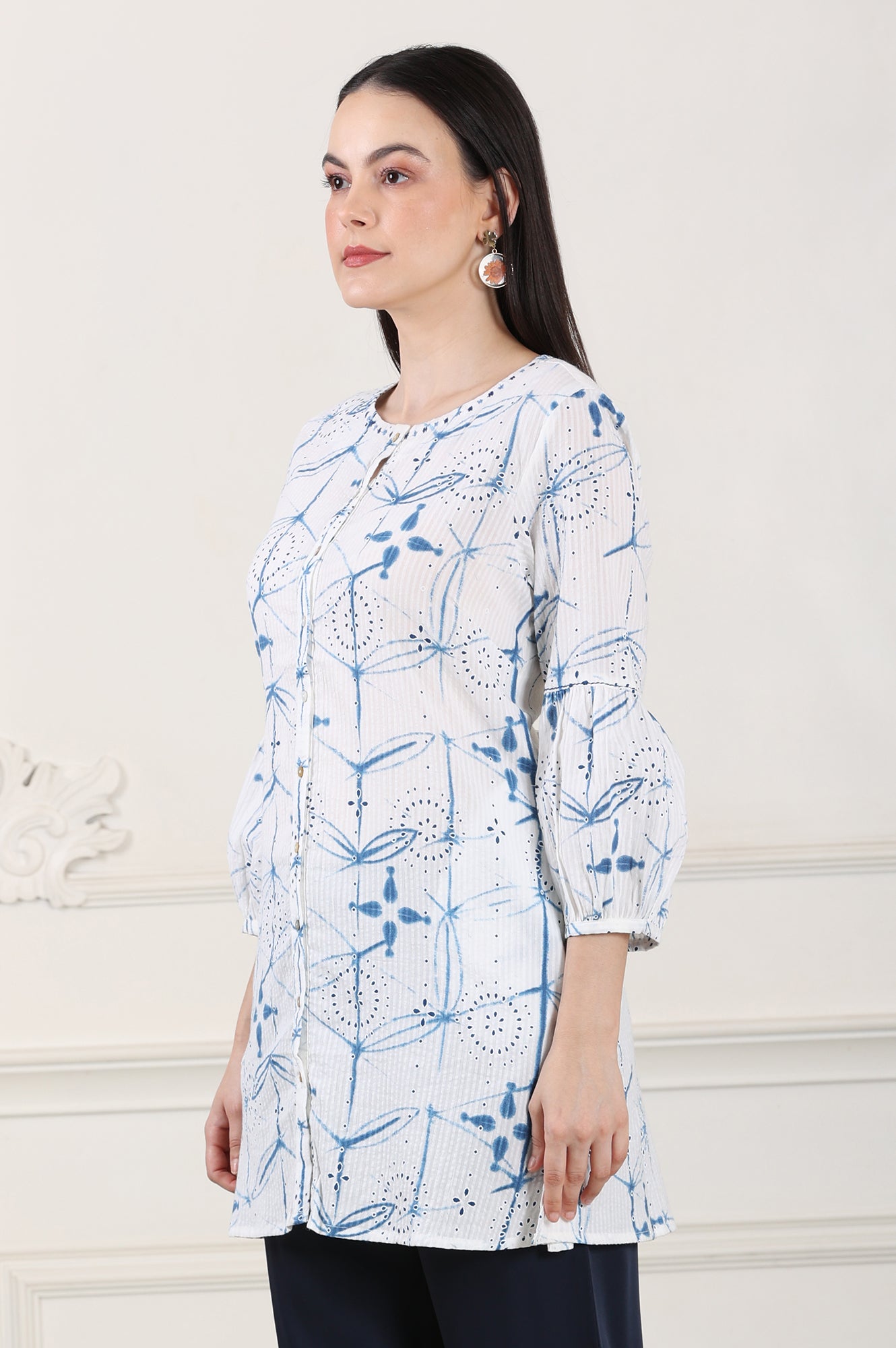 White And Blue Printed Pure Cotton Button Down Tunic With Puffed Sleeves