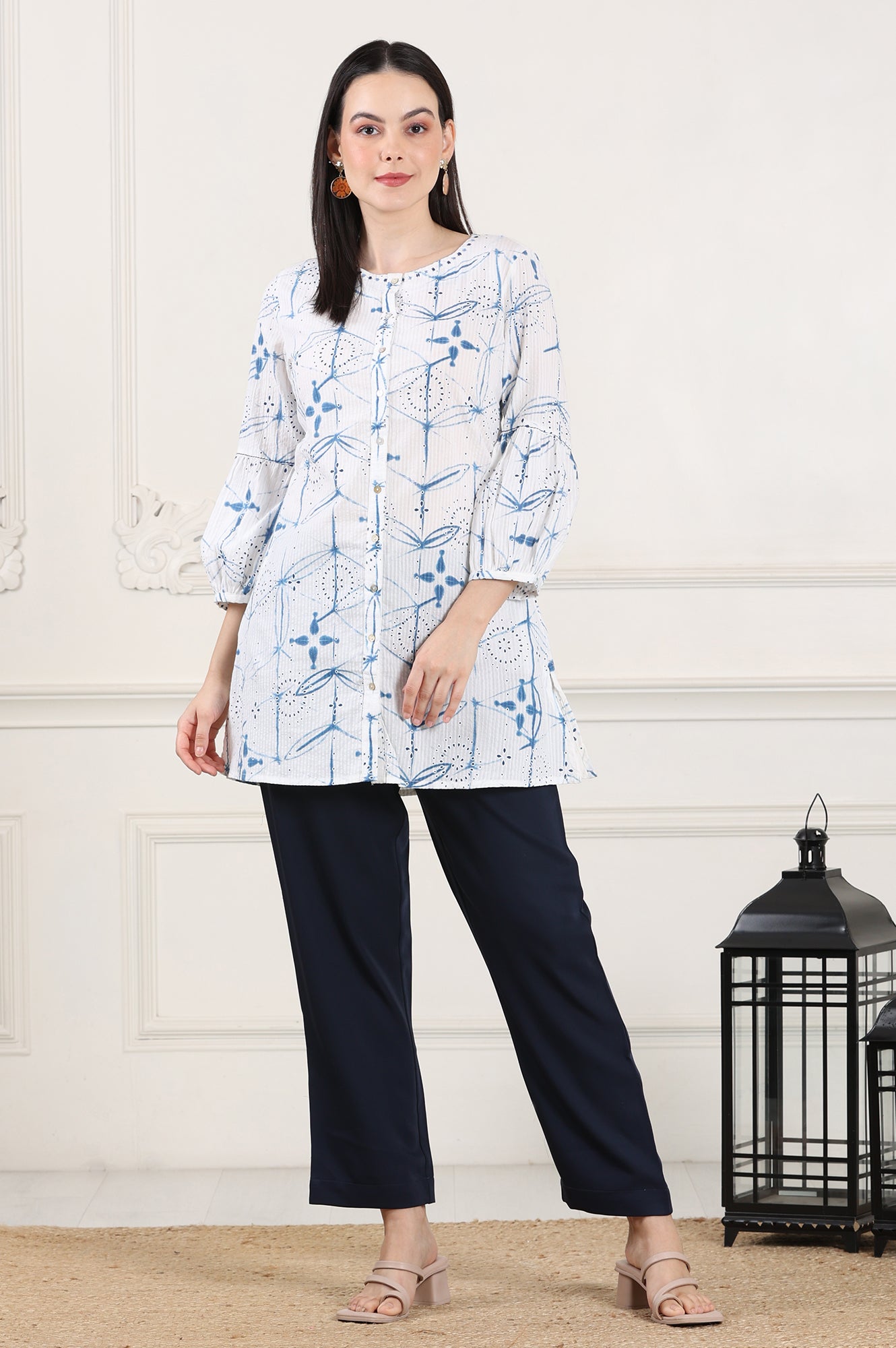 White And Blue Printed Pure Cotton Button Down Tunic With Puffed Sleeves